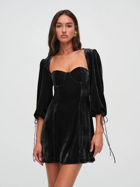 For Love & Lemons Nadine Velvet Mini Dress in Black, Size S NWT